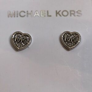 Michael Kors Silver Plated Over Brass MK Logo Heart Stud Earrings Crystal NWT